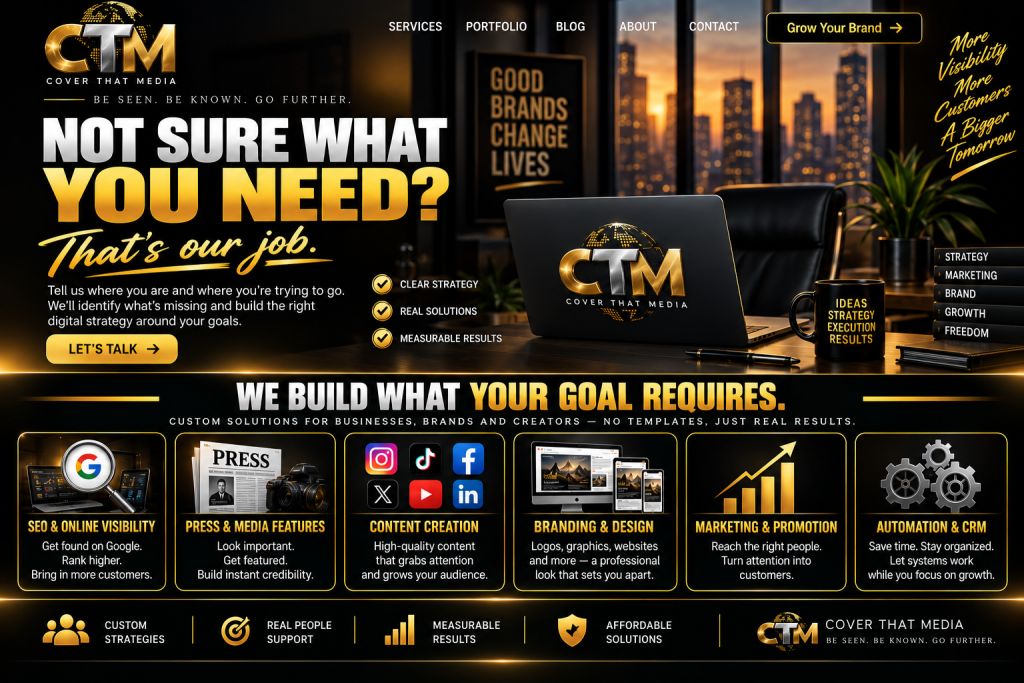 Discuss your goals with Cover That Media: SEO, press and media, content, branding, marketing, and automation support.